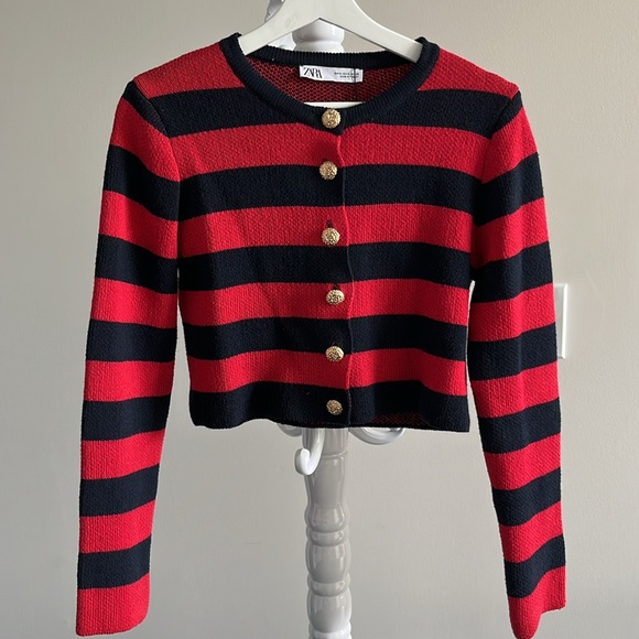 ZARA NWT STRIPED KNIT CARDIGAN RED / NAVY - Picture 8 of 10